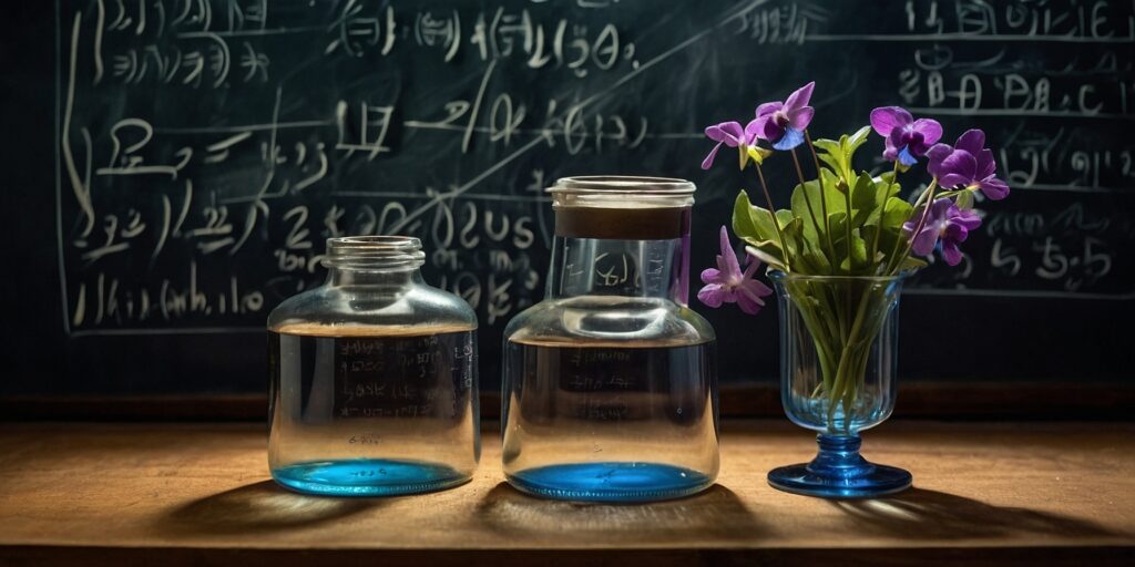 Un schéma illustrant la formule de conversion : 120 ml / 1000 ml/l = 0,12 l, avec des flèches indiquant les étapes du calcul et des exemples de flacons de différentes tailles pour illustrer les volumes.